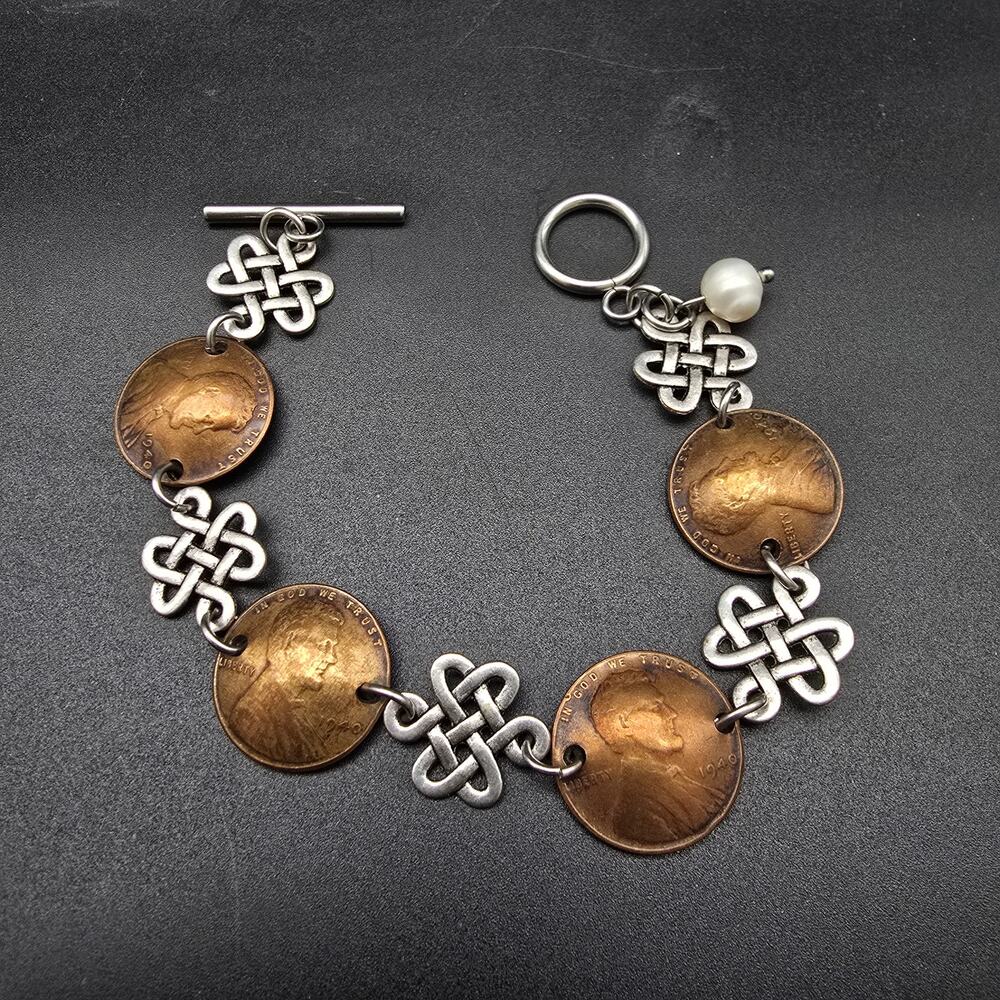 Wheat Penny Bracelet Silver Tone Celtic Knot Links